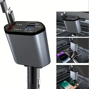 4 in 1 120W Car Charger Retractable Car Cigarette Lighter Adapter USB Type C - Thumbnail Image 3