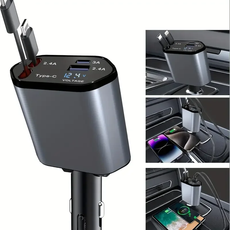 4 in 1 120W Car Charger Retractable Car Cigarette Lighter Adapter USB Type C - Image 3