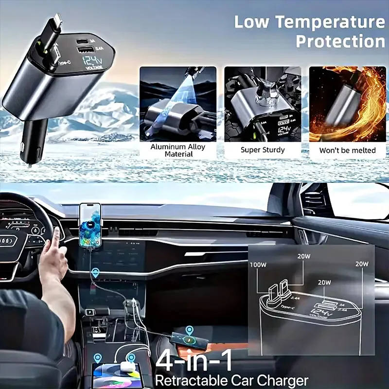 4 in 1 120W Car Charger Retractable Car Cigarette Lighter Adapter USB Type C - Image 2