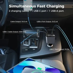 4 in 1 120W Car Charger Retractable Car Cigarette Lighter Adapter USB Type C